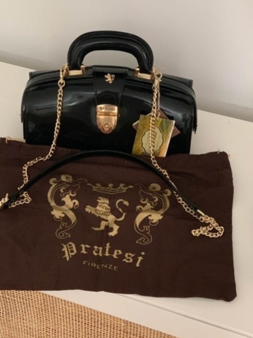 Pratesi Firenze Black Patent Mini Doctor Bag with Gold Chain